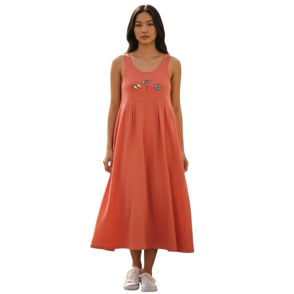 Vintage 80s Zip Code‎ Coral Maxi Dress Embroidered Beach Graphic Made USA Large